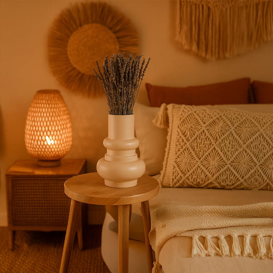 Lavender dried stem in natural beige and purple styled in a minimal home setting adding soft organic decor to any room.