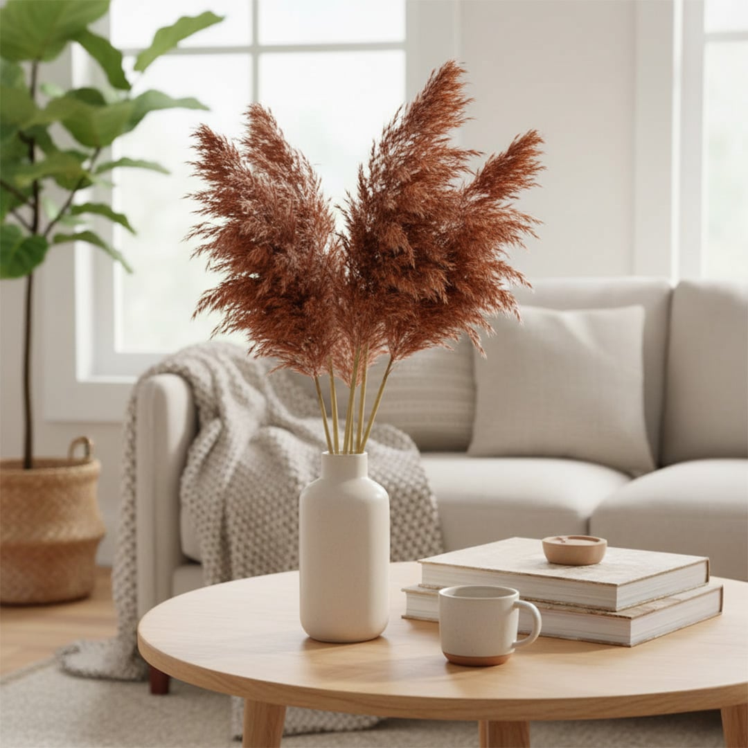 Dried pampas grass arrangement in white ceramic vase placed on coffee table enhancing soft neutral elegance in modern living space.