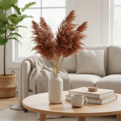 Dried pampas grass arrangement in white ceramic vase placed on coffee table enhancing soft neutral elegance in modern living space.
