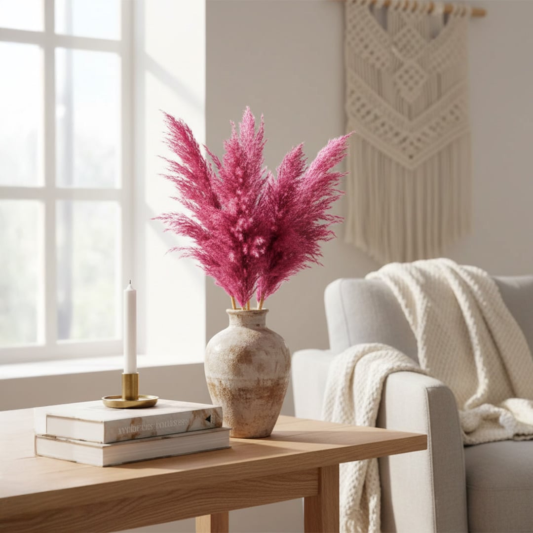 Neutral ceramic vase with pink dried pampas stems styled on a wooden table beside an armchair in a soft modern living room interior setting.