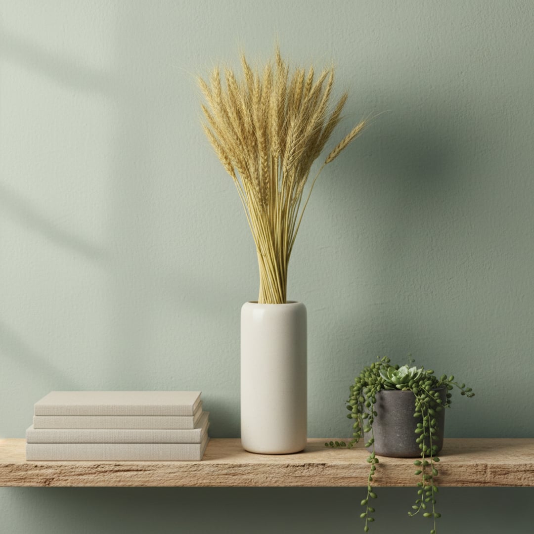 Natural golden dried wheat stalks in a white cylindrical vase on a rustic wooden shelf against a sage green wall.