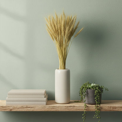 Natural golden dried wheat stalks in a white cylindrical vase on a rustic wooden shelf against a sage green wall.