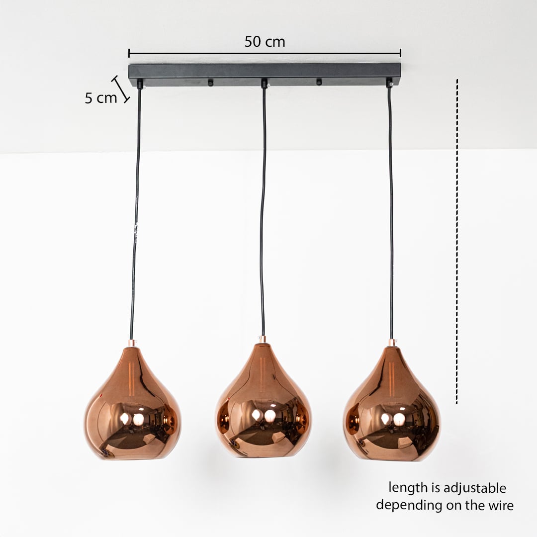 Triple copper finish pendant light dimension image with adjustable length and 50 cm canopy for modern dining placement.