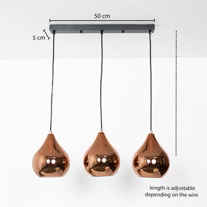 Triple copper finish pendant light dimension image with adjustable length and 50 cm canopy for modern dining placement.