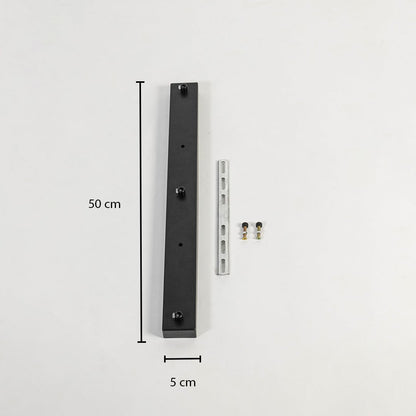 Black metal ceiling mounting plate dimension image with 5 cm width and 50 cm length for pendant light installation.