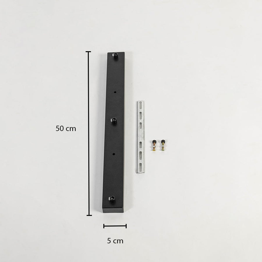 Black metal ceiling mounting plate dimension image with 5 cm width and 50 cm length for pendant light installation.