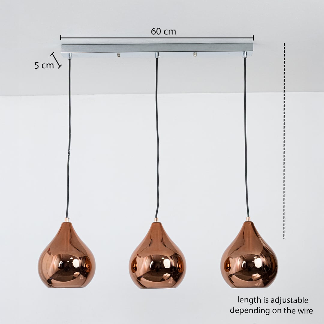 Triple copper finish pendant light dimension image with adjustable length and 60 cm canopy for dining room placement.