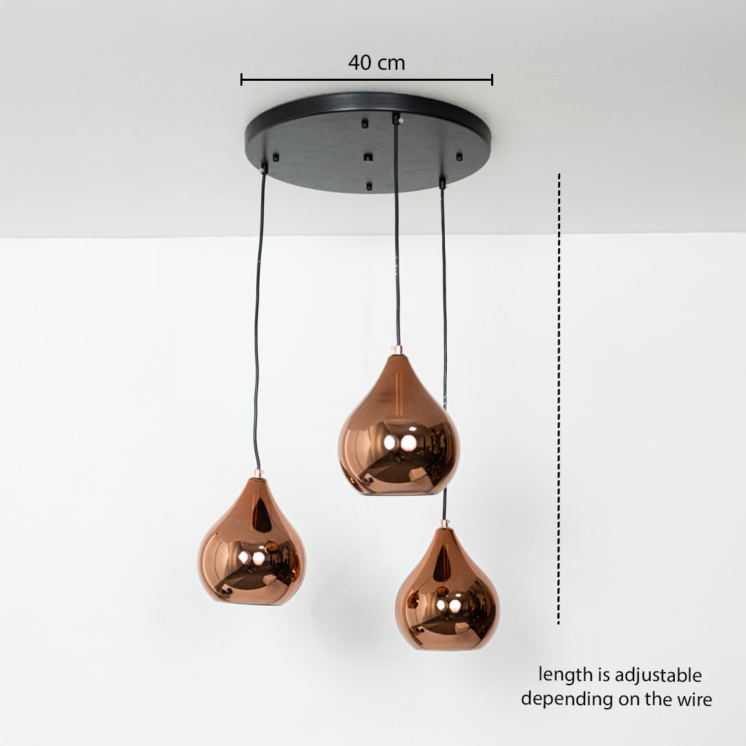 Triple copper finish pendant light dimension image with adjustable length and 40 cm canopy for modern dining placement.