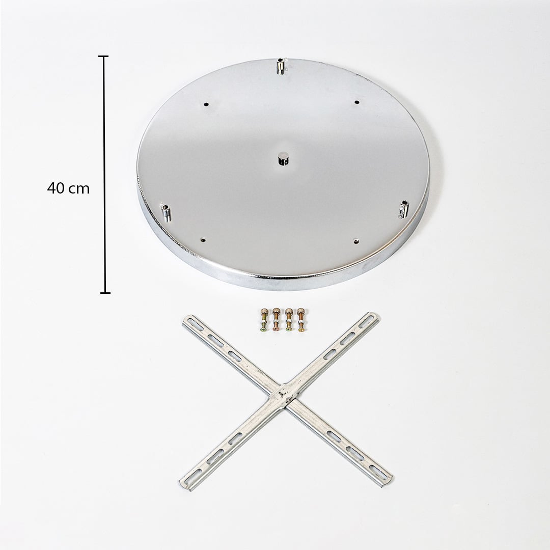 White metal ceiling mounting plate dimension image with 40 cm width for pendant light installation.
