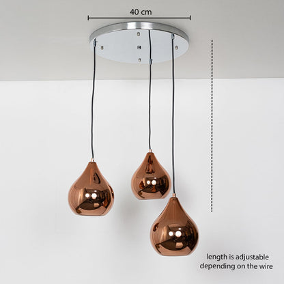 Triple copper finish pendant light dimension image with adjustable length and 40 cm canopy for modern dining placement.