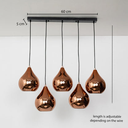 Adjustable five light copper pendant cluster with glossy teardrop shades shown with a clear hanging height guide for accurate visual display.