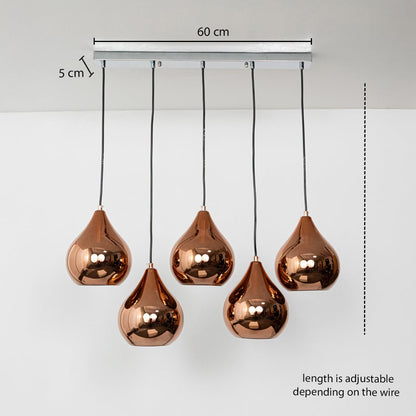 Five copper finish pendant lights dimension image with adjustable length and 60 cm canopy for luxury dining placement.