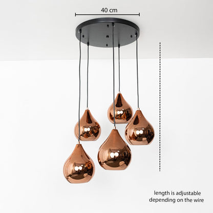Five copper finish pendant lights dimension image with adjustable length and 40 cm canopy for luxury dining placement.
