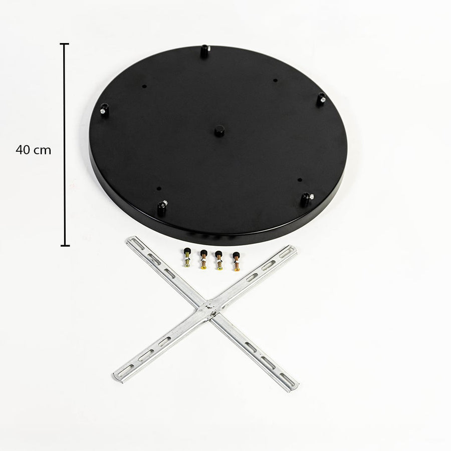 Black metal ceiling mounting plate dimension image with 40 cm width for pendant light installation.