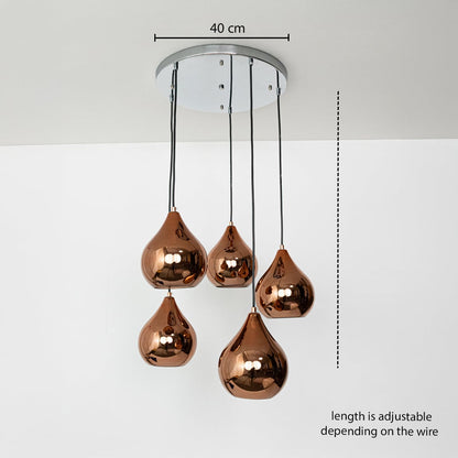Five copper finish pendant lights dimension image with adjustable length and 40 cm canopy for luxury dining placement.