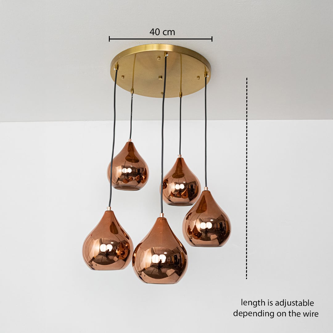 Five copper finish pendant lights dimension image with adjustable length and 40 cm canopy for luxury dining placement.