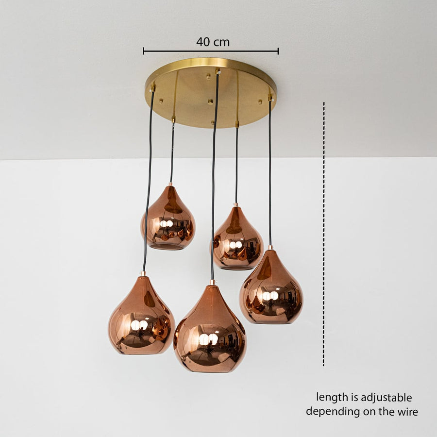 Five copper finish pendant lights dimension image with adjustable length and 40 cm canopy for luxury dining placement.
