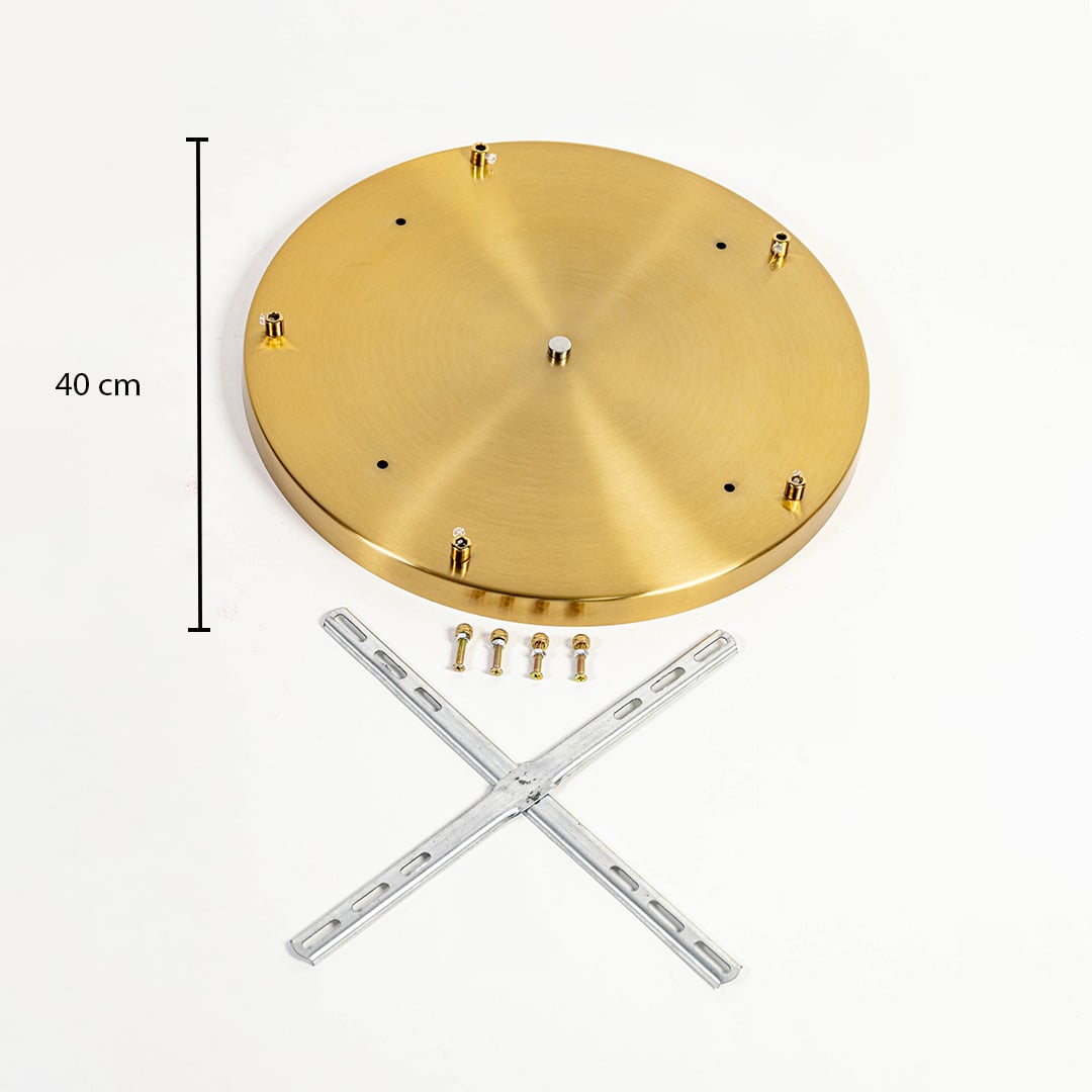 Gold metal ceiling mounting plate dimension image with 40 cm width for pendant light installation.