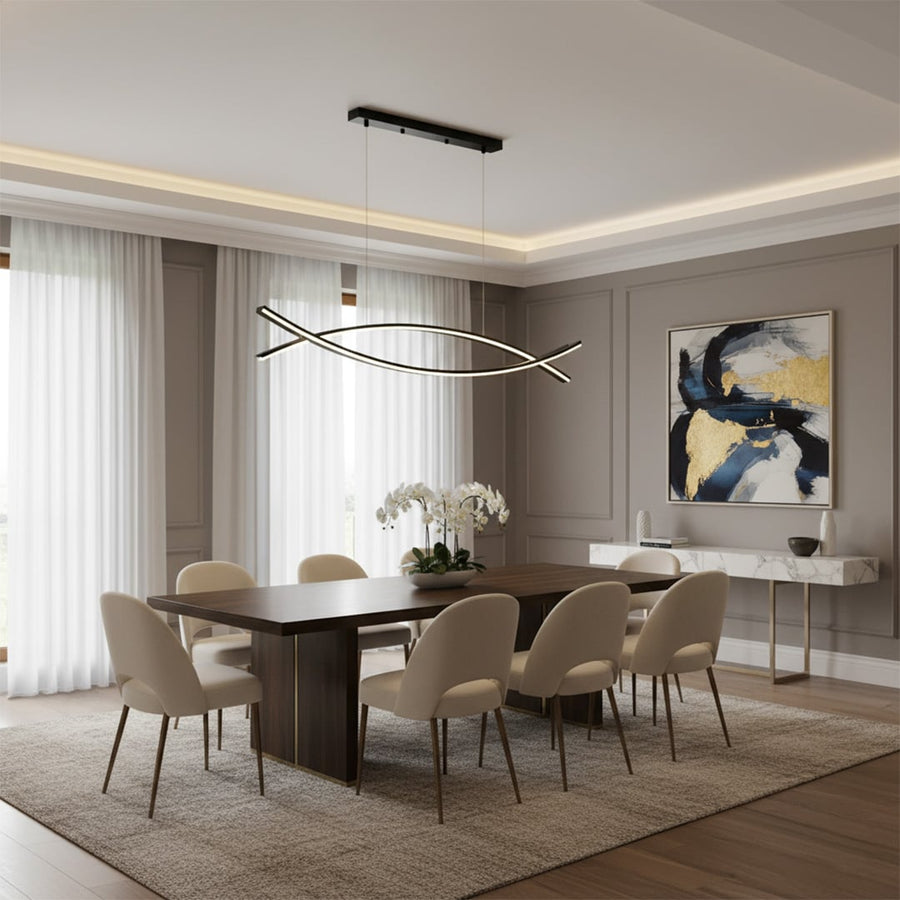 Modern linear LED chandelier suspended above elegant dining table with upholstered chairs creating a warm contemporary dining room with soft ambient lighting.