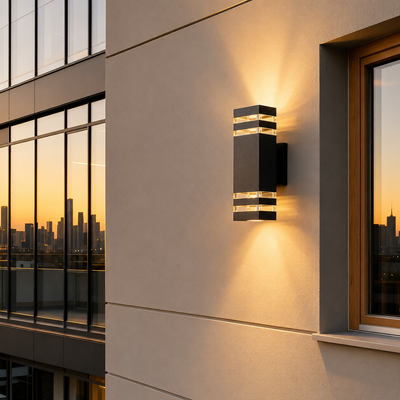 Modern black metal rectangular grid up down exterior wall sconce light on beige stucco facade for contemporary balcony.