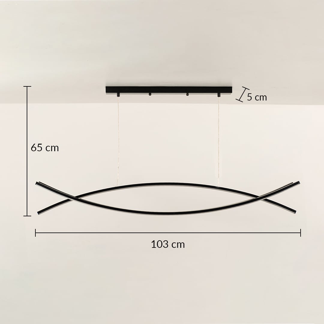 A sleek black linear chandelier measuring 103 cm width and 65 cm height shown with the light off against a clean white backdrop enhancing minimal modern décor.
