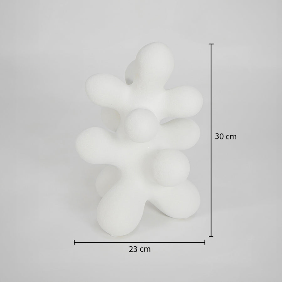 White abstract ceramic sculpture dimension image with 20 cm height and 23 cm width for shelf decor.