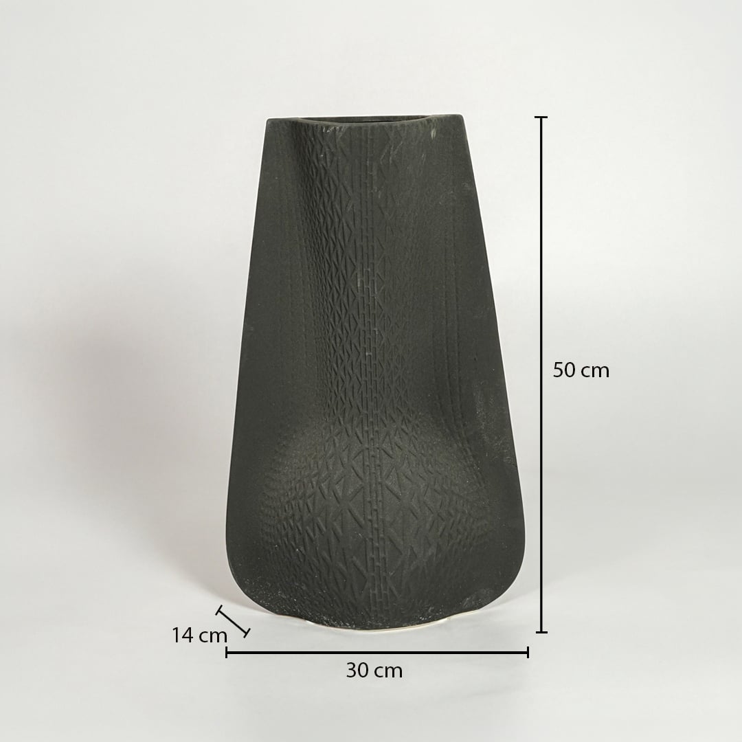 Black textured ceramic vase dimension image showing 50 cm height 30 cm width and 14 cm depth decorative ceramic accent for floor styling.