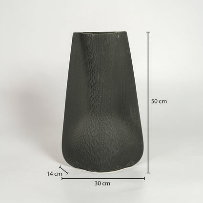 Black textured ceramic vase dimension image showing 50 cm height 30 cm width and 14 cm depth decorative ceramic accent for floor styling.