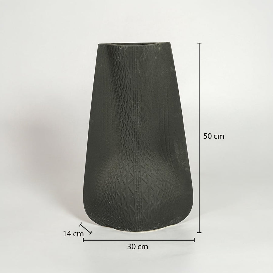 Black textured ceramic vase dimension image showing 50 cm height 30 cm width and 14 cm depth decorative ceramic accent for floor styling.