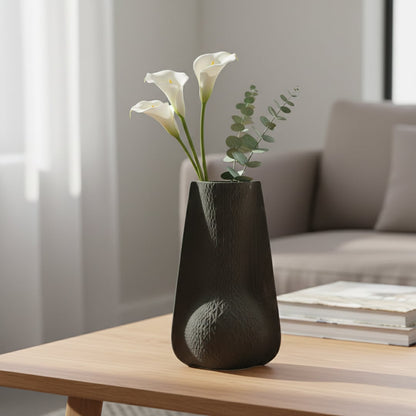 Black textured ceramic floor vase styled in living room corner modern decorative ceramic accent for console floor styling home.