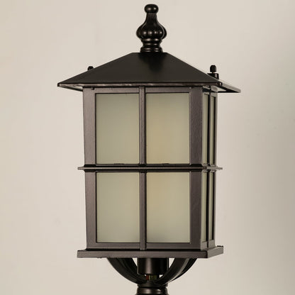 Closeup of black outdoor gate light with frosted glass panels for elegant exterior decor styling use.