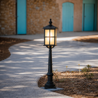 Traditional black iron grid cage lantern lamp post light fixture on concrete garden walkway path for rustic courtyard decor.