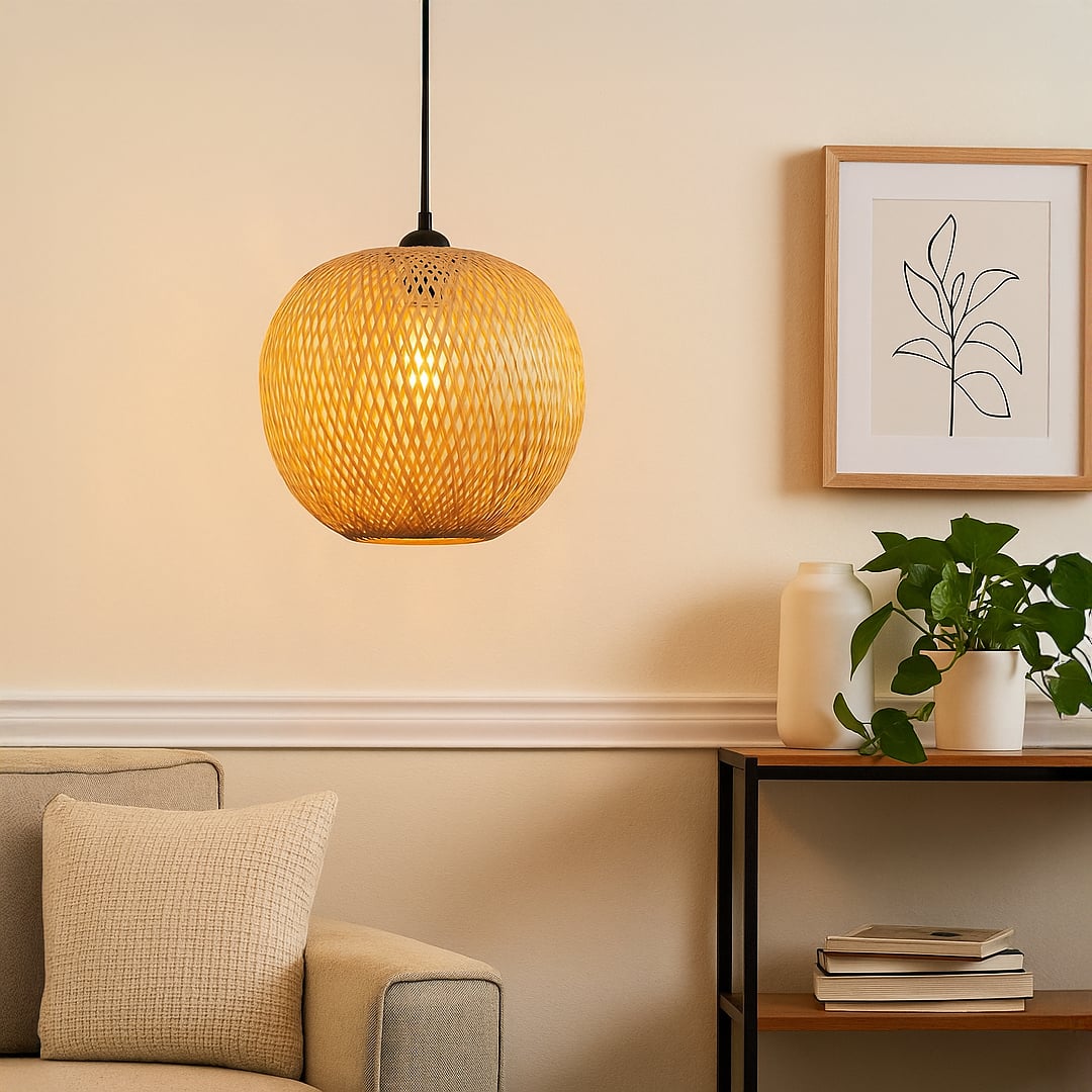 Round woven rattan pendant light with natural beige finish adding warm boho charm to cozy interiors.