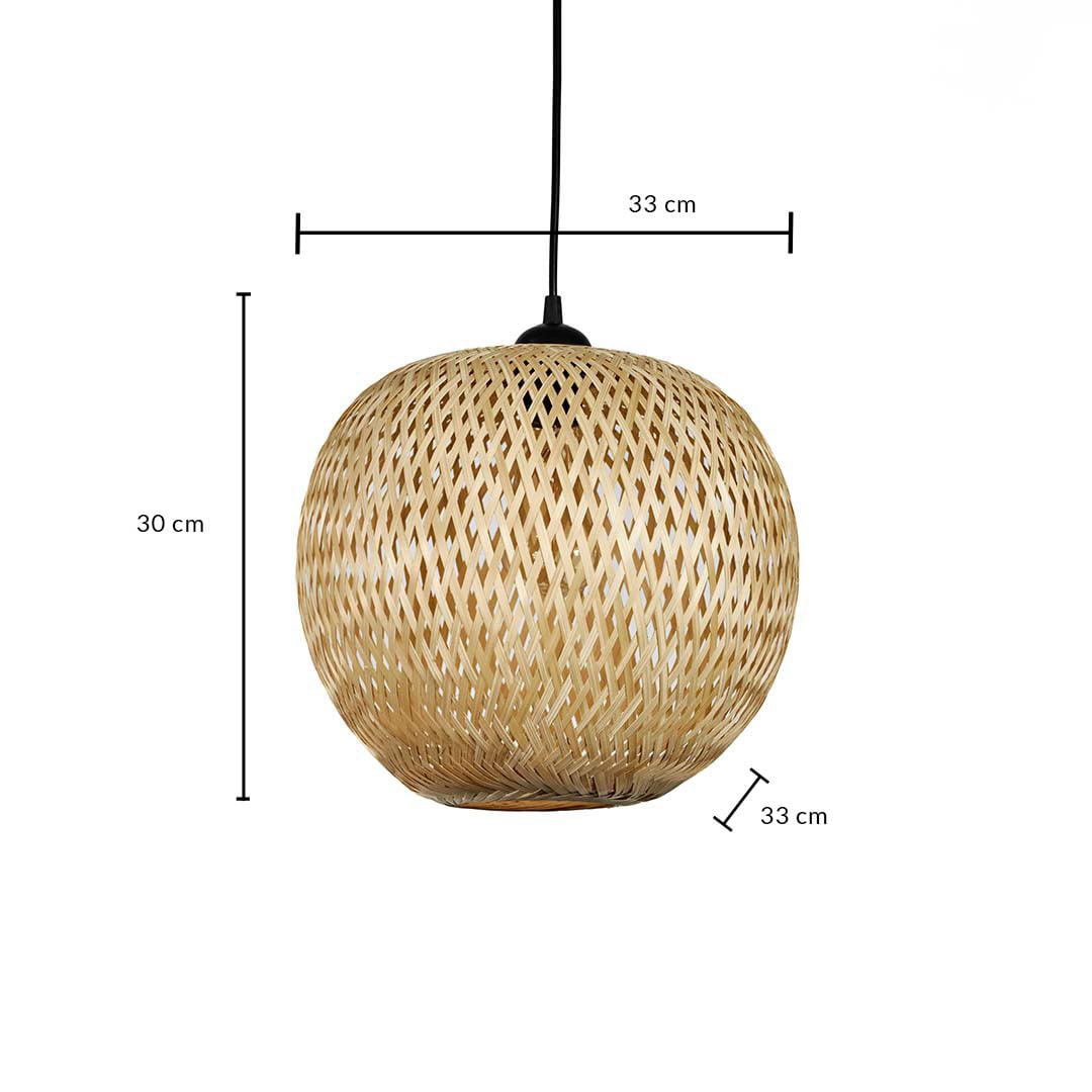 Dimension image of spherical woven bamboo pendant light with rattan wicker shade showing 30 cm height and 33 cm width.
