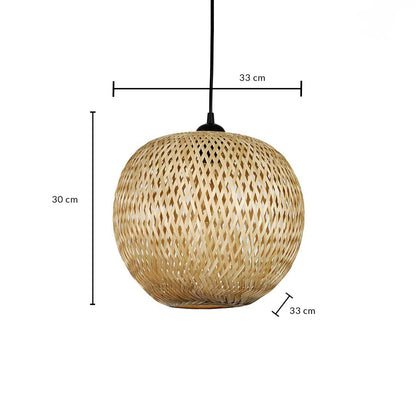 Dimension image of spherical woven bamboo pendant light with rattan wicker shade showing 30 cm height and 33 cm width.
