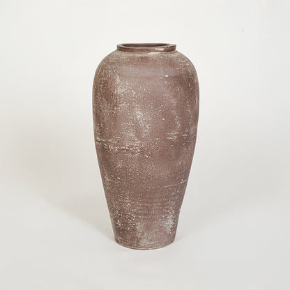 White background image of brown ceramic decorative vase for elegant floor placement with rustic matte finish.
