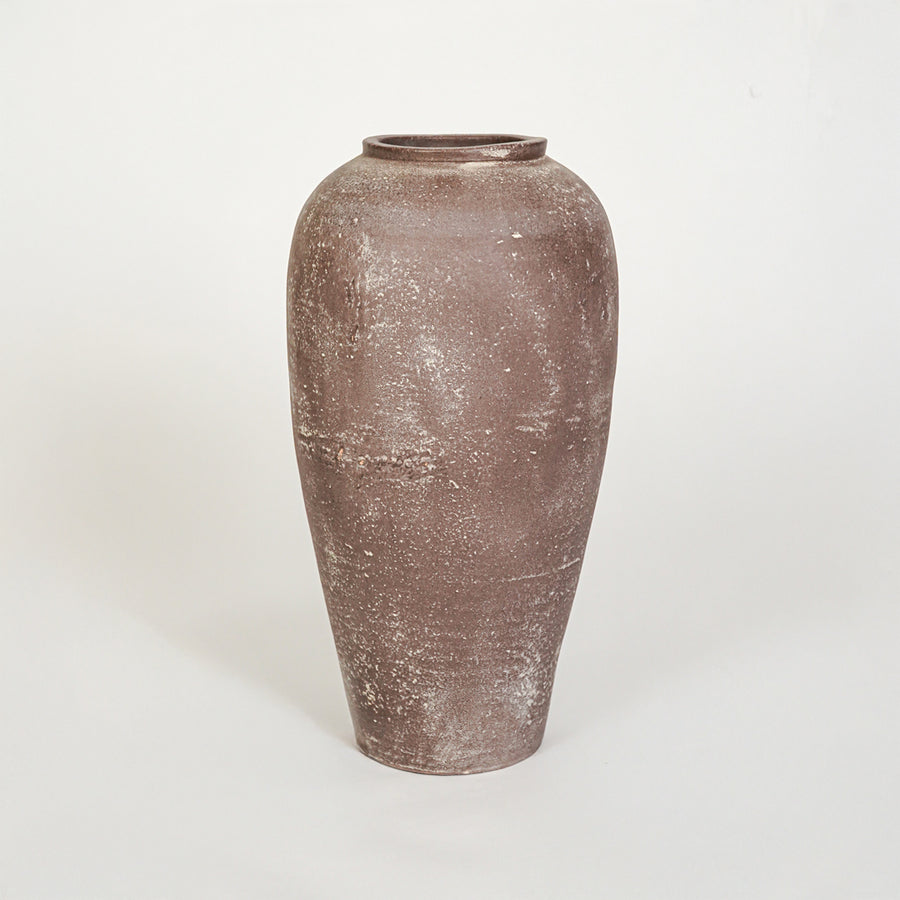 White background image of brown ceramic decorative vase for elegant floor placement with rustic matte finish.