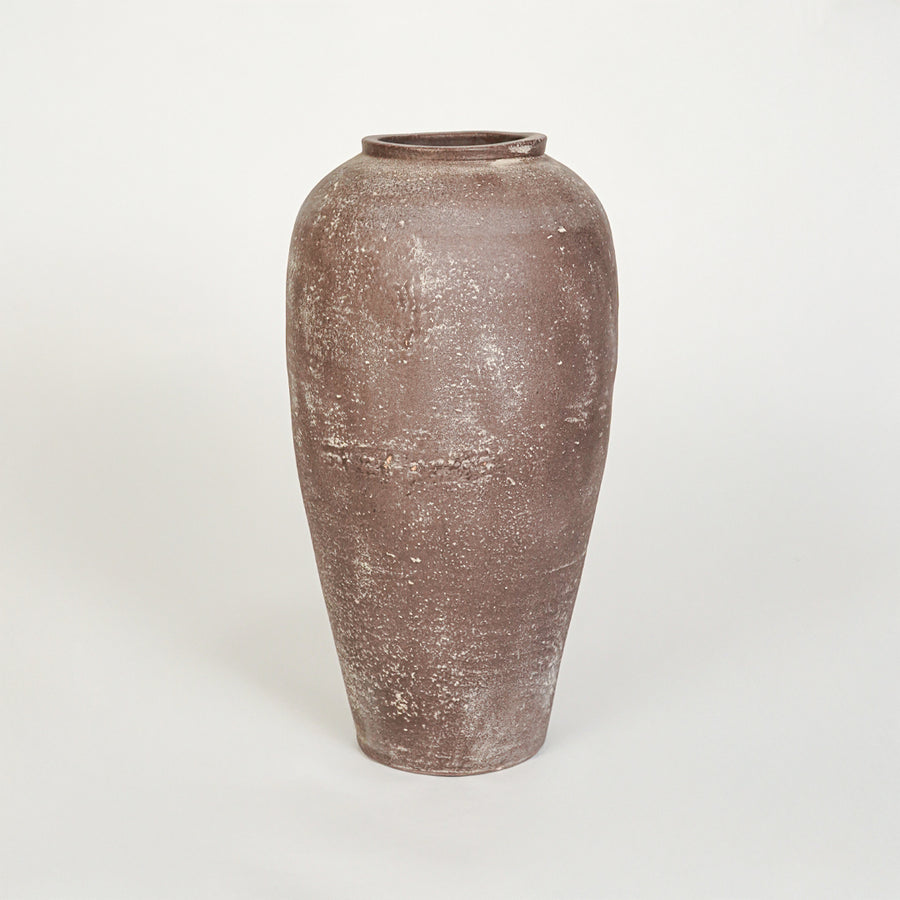 White background image of brown ceramic decorative vase for elegant floor placement with rustic textured finish.