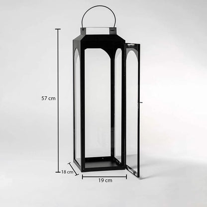Black lantern shown with precise measurements 57 cm height 18.5 cm width and 19 cm depth for accurate size reference.