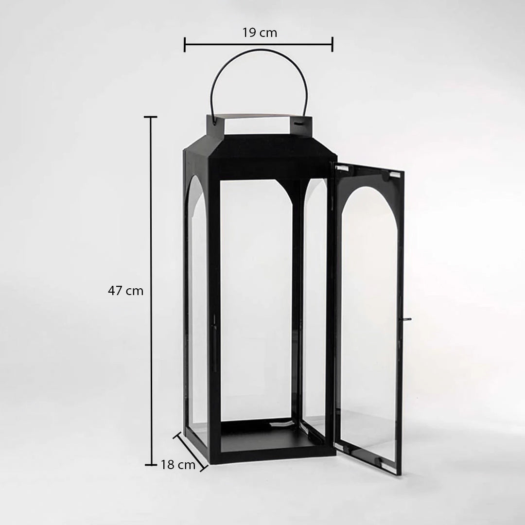 Black metal lantern dimension image with 35.5 cm height and 16.5 cm width for indoor outdoor decor use.