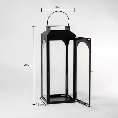 Black metal lantern dimension image with 35.5 cm height and 16.5 cm width for indoor outdoor decor use.