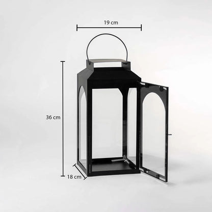 Black metal lantern dimension image featuring 36 cm height and 18 cm width for tabletop decor styling.