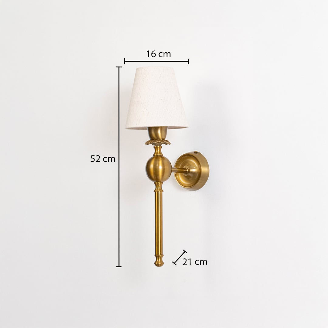 Classic gold torch wall lamp with a fabric cone shade showing a fifty-two centimeter height measurement mark.