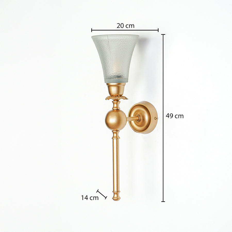 Gold metal wall light with frosted glass shade dimension height 49 cm width 20 cm depth 14 cm on white background.