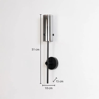 Sleek silver cylinder wall torch lamp on a black stem displaying a fifty-one centimeter height measurement mark.