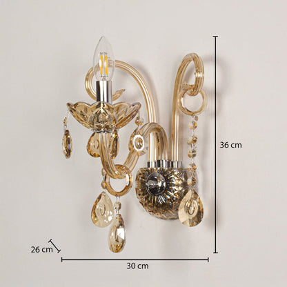 Wall light with champagne glass frame and crystal droplets shown with 36 cm height and 30 cm width and 26 cm depth for accurate placement.