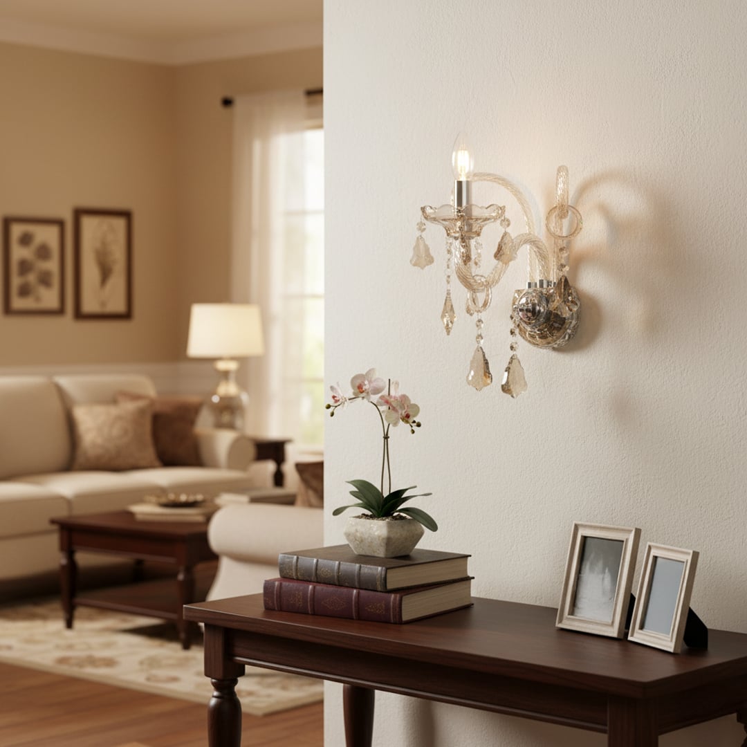 Wall light with champagne glass frame and crystal droplets styled on a soft wall background for elegant warm home lighting.