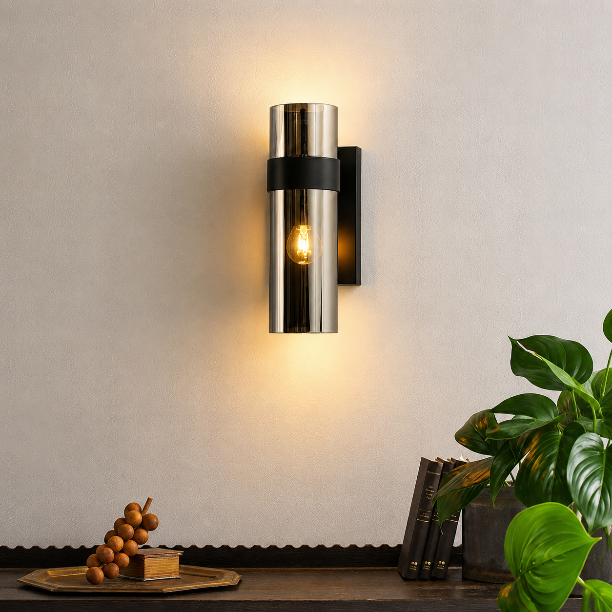 Lifestyle image of edison silver glass wall light for elegant hallway decor styling and modern home interior lighting.