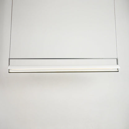 Minimal linear hanging light with sleek metal finish on clean neutral background ideal for modern kitchen or dining lighting.