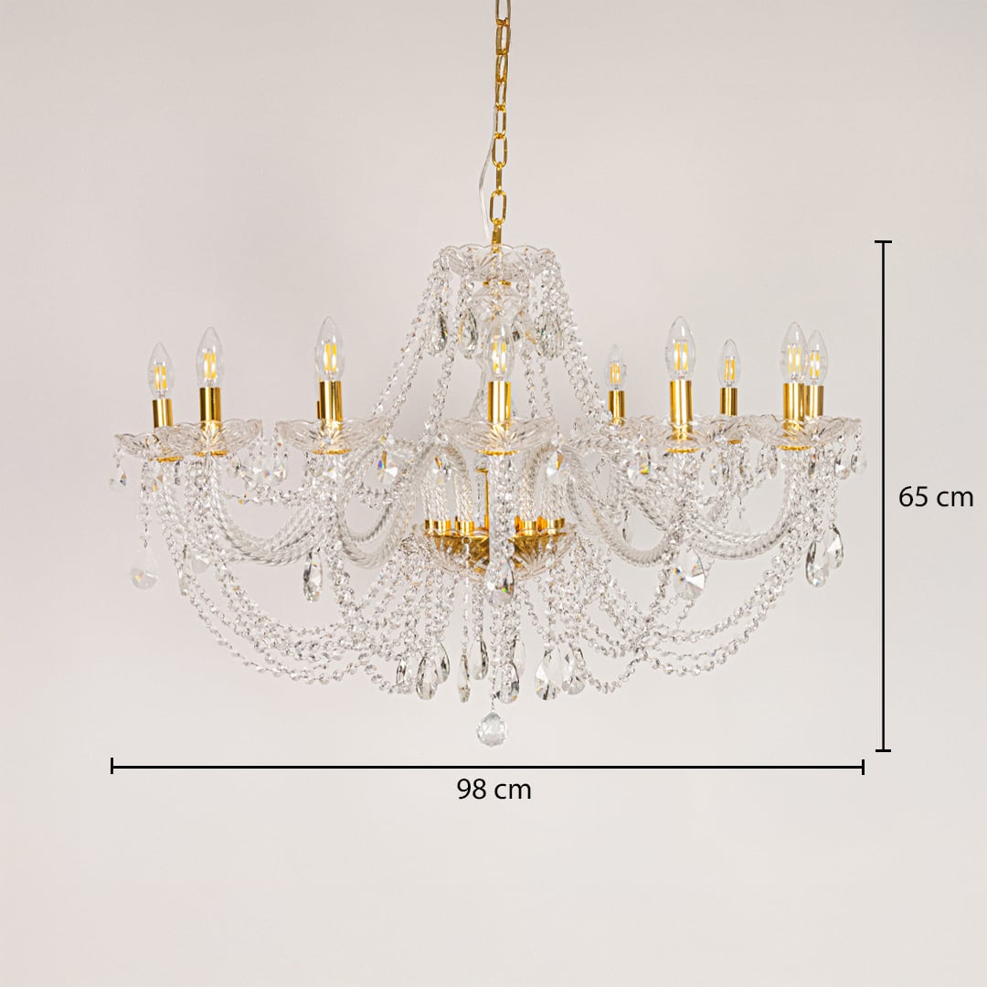 Large gold crystal chandelier sized 65 cm height and 98 cm width ideal for grand living room or dining room ceiling lighting.